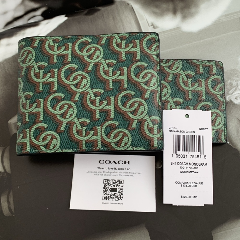 🔥🔥 Coach 3 In 1 Wallet With Coach Monogram Print in Amazon Green 🔥🔥